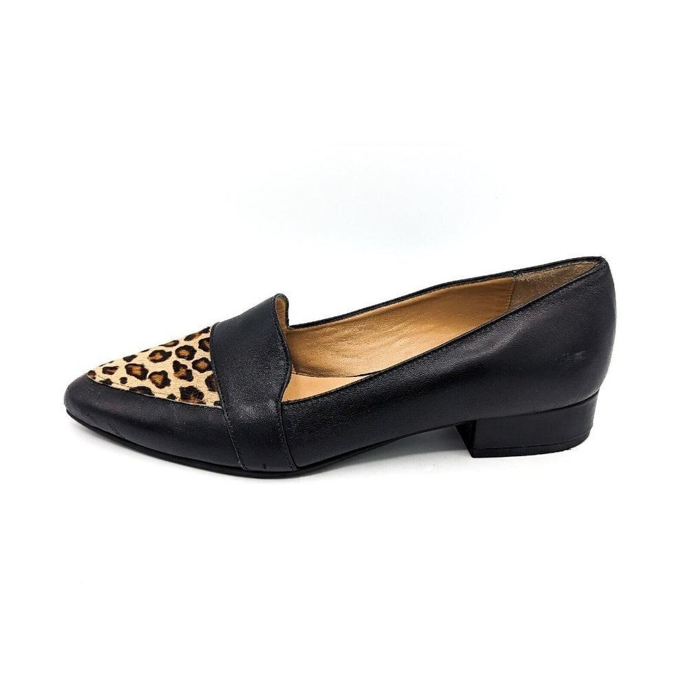 Avellini Black Leather Kitten Pump Shoes Flats Calf Hair Leopard Print Sz 8 (38)